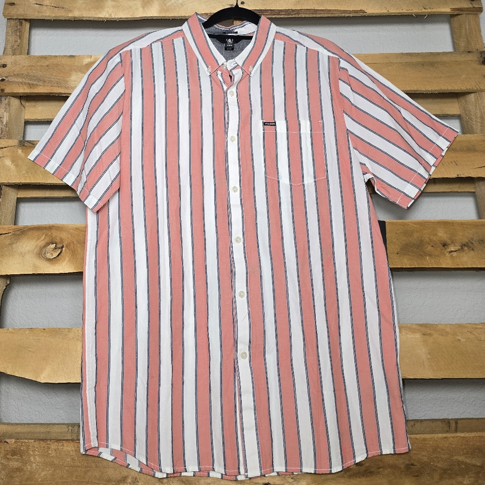 NWT Men's Coral/White Striped Button-Up Shirt Size:XL
